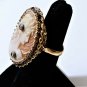 14K Exquisite Hi Basket Setting Shell Cameo Ring with 2 Diamonds Size 7