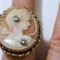 14K Exquisite Hi Basket Setting Shell Cameo Ring with 2 Diamonds Size 7