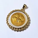 Vtg 14K & 999.9 Royal Angels Coin in Rope Coin Bezel Mother Pearl Backed Pendant