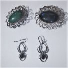 Vintage Sterling Silver MEXICO Onyx Pin Brooches Spider Dangle Earrings Lot