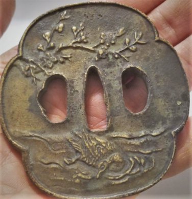 Antique Edo Samurai Katana Sword Blade Tsuba Bronze Duck & Cherry Tree