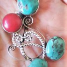 Vintage Sterling Silver Turquoise & Coral Zuni Artisan N Pendant Necklace