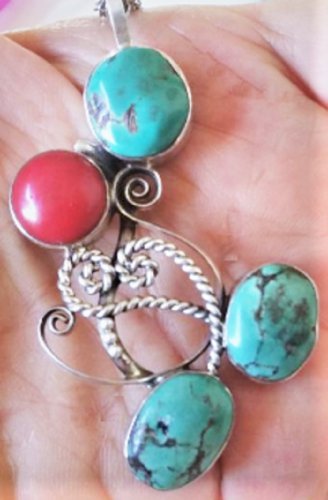Vintage Sterling Silver Turquoise & Coral Zuni Artisan N Pendant Necklace