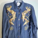 Vintage 80's Embroidered Rhinestones Dark Denim Long Sleeve Shirt Sz M USA Info