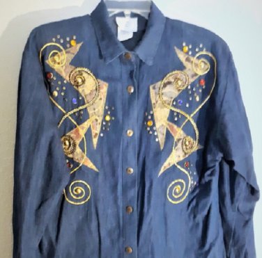 Vintage 80's Embroidered Rhinestones Dark Denim Long Sleeve Shirt Sz M USA Info