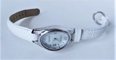 Vtg ECCLISSI Sterling Silver Pearl Face White Leather Band Watch New Battery