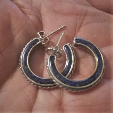 Vintage Sterling Silver Cable Twist Open Post Hoop Earrings w Inlaid Turquoise