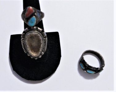 Vintage Sterling Silver Old Pawn Navajo Turquoise Coral 3 Rings Lot