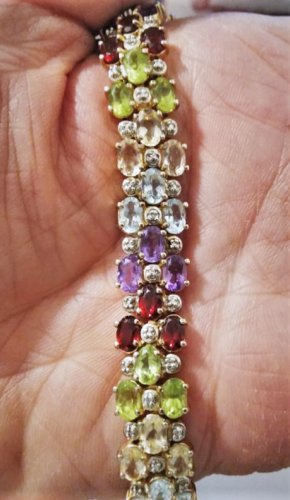 Vintage Sterling Silver Gold Vermeil Pave Gemstone Tennis Bracelet 8-1/4"