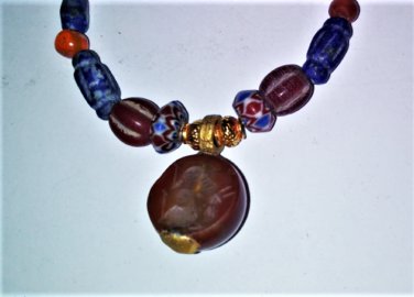 Antique Sassanian Persian Carnelian Seal & Lapis & Ancient Glass Beads Bracelet
