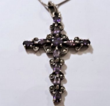 Vintage Amethyst Marcasite Sterling 925 Silver Cross Necklace