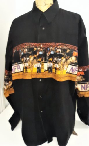 Vtg Wrangler NFR Print on Black Western Rockabilly Black Snap Rodeo Shirt XL