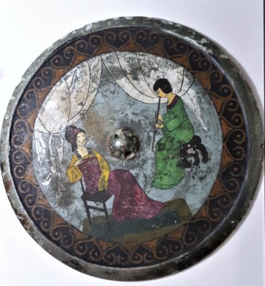 Rare Ancient Chinese Hand Painted Courting Scene Lg Tang Bronze Mirror 23.5 CM