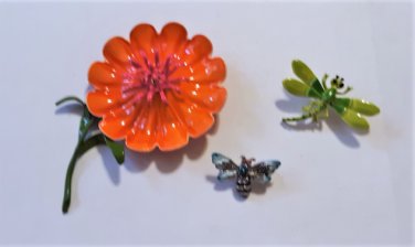 Vintage Colorful Enamel Flower & Bugs Pin Brooches Lot of 3