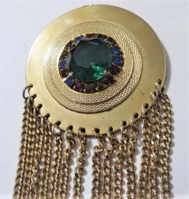 Vtg HUGE 60s Goldtone Rhinestone Tassel Dangle Fringe Medallion Pendant Juliana?