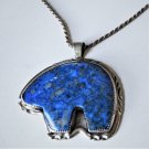 Southwest Navajo Tribal Stamped Sterling Silver Huge Lapis Bear Pendant Necklace