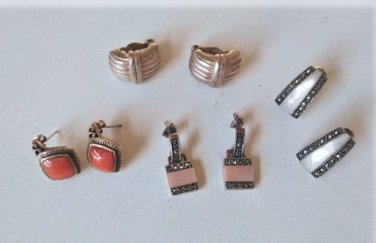 Vintage Sterling Silver MOP & Coral Earrings Lot Collection of 4 Pairs