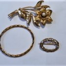 Sterling Silver Nouveau to Art Deco Gold Filled Brooches & Bangle Lot