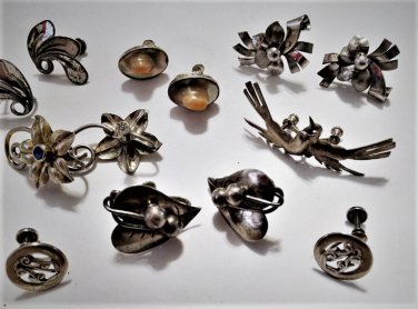 Vintage Sterling Silver Art Deco Earrings Lot Collection of 7 Prs Danecraft Beau