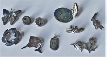 Vtg Sterling Silver Mexican Abalone Inlay Mixed Lot Pins Earrings Pendant Ring,