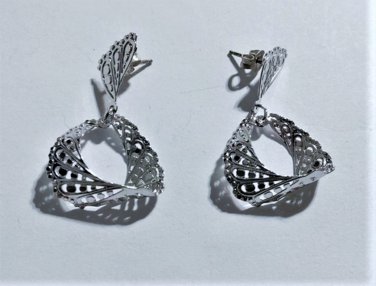 Vtg Sterling Silver MODERNIST Lacy Flattened Dangle Hoops Post Earrings Lot 60s