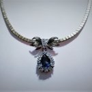 Vintage Sterling Silver Halo Pear Drop Sapphire Rhinestone Pendant Necklace 16"