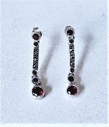 Vintage Sterling Silver Garnet & Marcasite Dangle Drop Post Earrings Lot