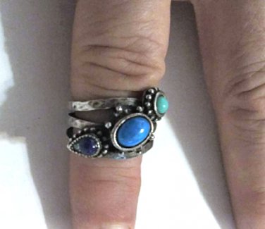 Vtg 925 Sterling Southwest Style Turquoise Lapis Handmade Ring Adjustable