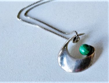 Vintage Sterling Silver MODERNIST Malachite Swirl Pendant Necklace Lot 24"