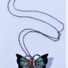 Vtg Sterling Silver Southwest Navajo Inlaid Stones Butterfly Pendant Necklace