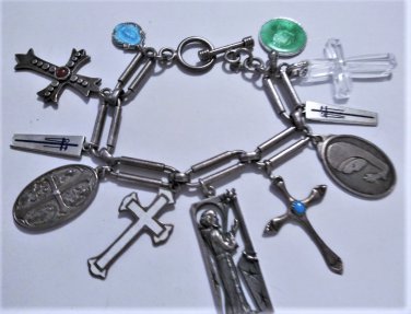 Vtg Sterling 925 SOUTHWEST Toggle Bracelet Collection Religious Charms Crosses