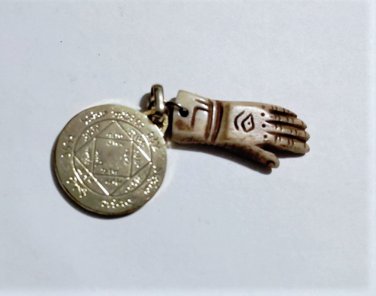 Vintage Hebrew KABALA Disc Charm & Hand Carved Bone HAMSA Amulet Talisman Lot
