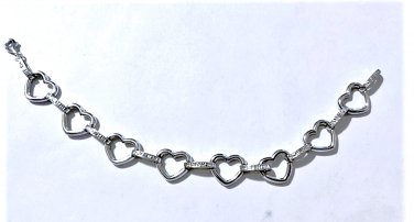 Vintage Sterling Silver Open Hearts Diamond Accented Link Bracelet Lot 7-1/2"