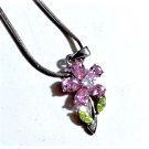 Vintage Sterling Silver Pink Green CZ Flower Pendant Necklace Lot 19"