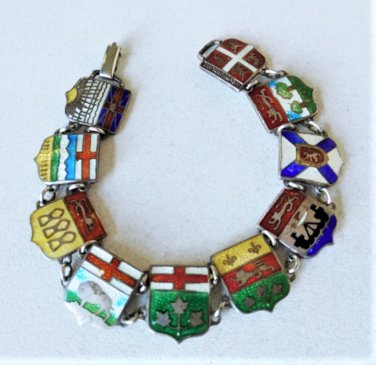 Vintage Sterling Silver Guilloche Enamel CANADA Travel Shield Bracelet Lot 7.5"