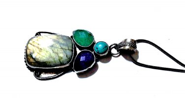 Vintage Sterling Emerald Sapphire Turquoise Labradorite Pendant Necklace Lot 24"