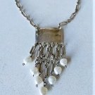 Vtg Sterling S MODERNIST Hammered Choker Pendant Necklace w Chain Pearl Drops