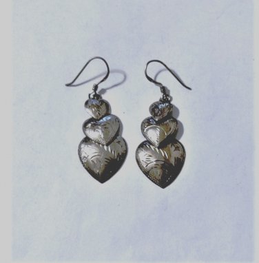 Vintage Sterling Silver Etched Graduated Dangle Drop Triple Hearts Earrings Lot