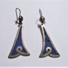 Vtg MEXICO Taxco Sterling Silver Turquoise Chip Inlay Deco Flower Drop Earrings