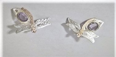 Vintage Sterling Silver & 14K RG w Amethyst Dragonfly Artisan Post Earrings Lot
