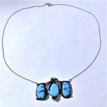 Vintage Sterling Silver SOUTHWEST Navajo Turquoise Pendant Necklace Lot 21-3/4"