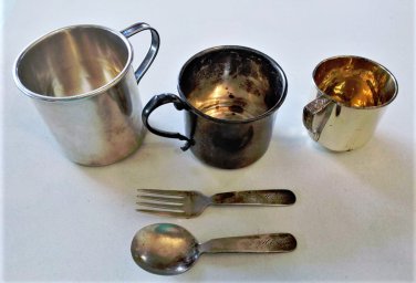 Antique/Vtg Sterling Silver Baby Cups & Spoon Fork Set Use Repair Scrap