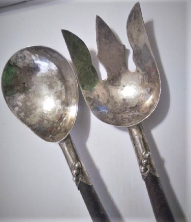 Antique Sterling Silver DF Mexico Mid Cent Modern Teak Handle Salad Serving Set