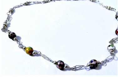 Vintage Sterling Silver Cloisonne Station Beaded Filigree Link Necklace Lot 16"