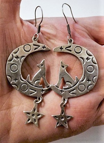 Vtg Southwest Sterling Silver Huge Wolf on the Moon Dangle Cutout Earrings Lot