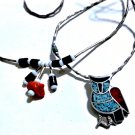 Vtg Sterling Silver Southwest Turq & Coral Owl  & Beaded Pendant Necklace Lot