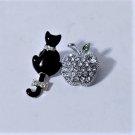 Vintage Silver Plated Rhinestone Cute Black Enamel Cat & Apple Pin Brooch Lot