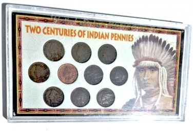 Encased Collection of 10 US Indian Head Cent Pennies !888 & 1900-08