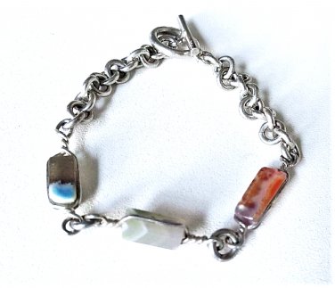 Vintage Sterling Silver Handmade Agate Link Toggle Bracelet Lot 7.75"