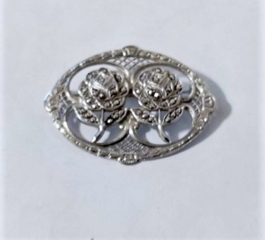 Antique Edwardian Sterling Silver Lovely Marcasite Double Roses Pin Brooch Lot